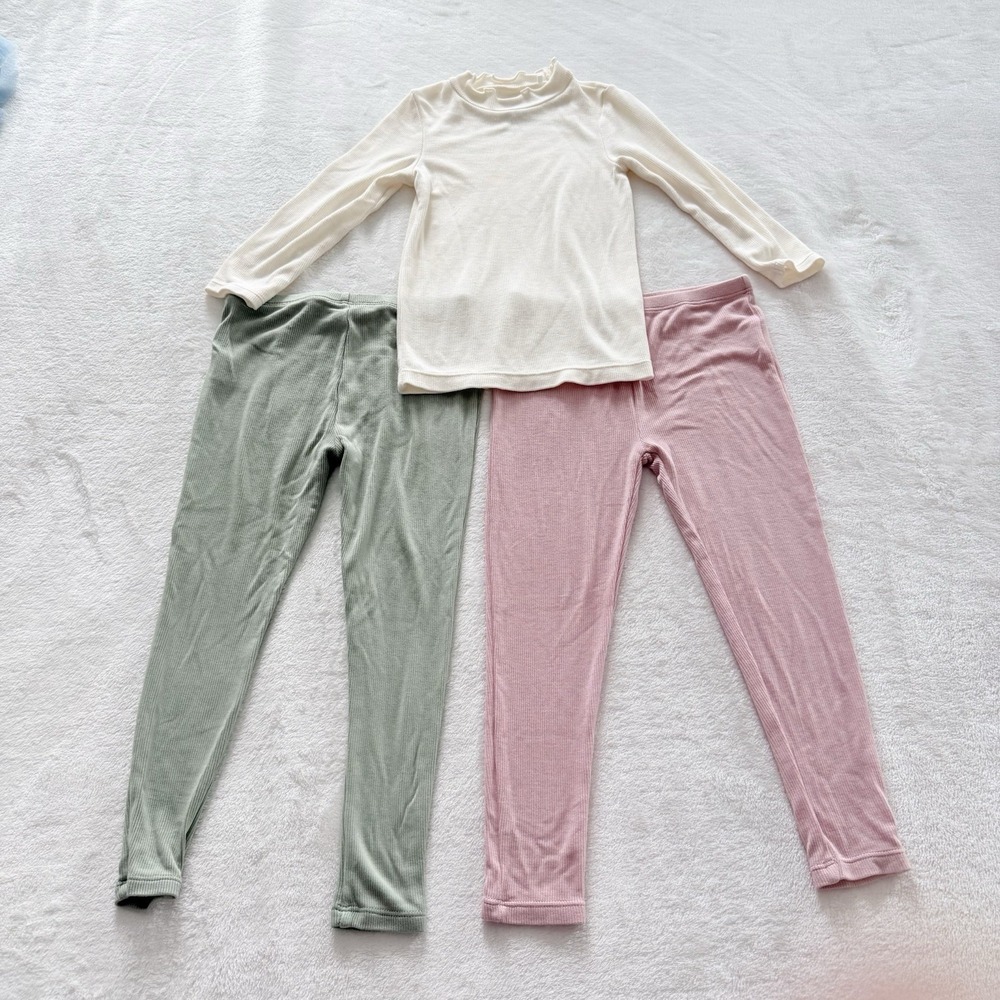 Angel Dear 3 Pc Set Girls 4T Ribbed Modal Leggings Top Pink Green Cream